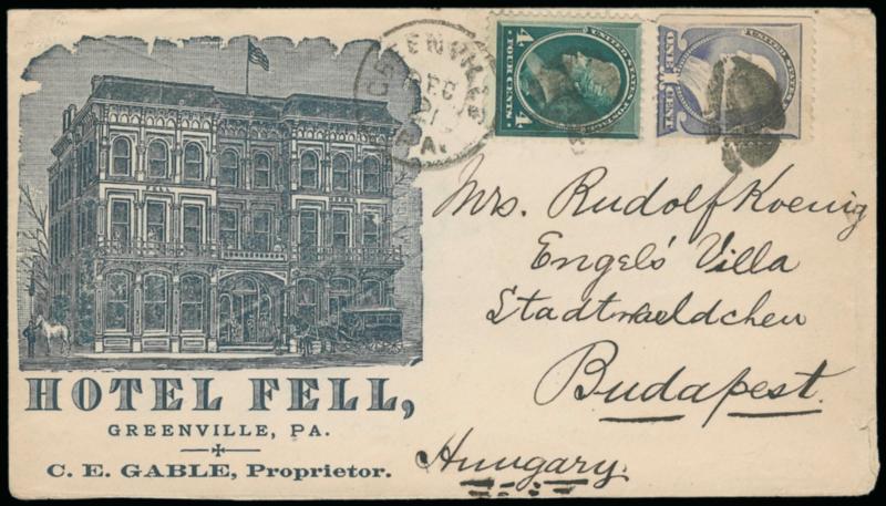 1c Ultramarine, 4c Blue Green (211, 212).> 1c s.e. at left, tied by quartered corks and Greenville Pa. Dec. 21 circular datestamp on <illustrated hotel corner card> cover <to Budapest, Hungary,> 1887 transit and
receiving backstamps, Very Fine, att