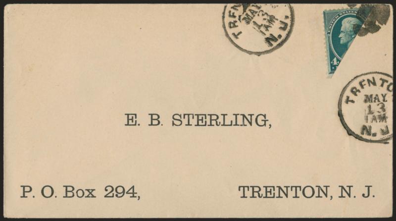 4c Blue Green, Diagonal Bisect (211 var).> Top left diagonal half, tied across the cut by bold cork, Trenton N.J. May 13 circular datestamp struck twice, on cover to local address, Very Fine, scarce usage