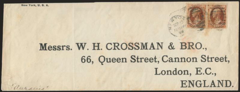 30c Orange Brown (217).> Horizontal pair, tied by New York Sep. 22, 1888 duplex on legal-size cover with printed address <to London, England,> vertical file fold well away from stamps, some slight toning, Very
Fine, very early use, ex Mercedes, wit