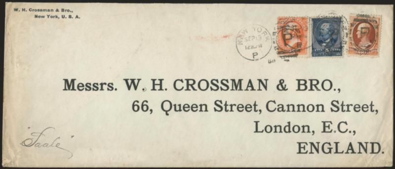 30c Orange Brown (217).> Used with <15c Red Orange (189) and 5c Indigo (215),> tied by New York Sep. 13, 1888 duplex cancels on large-size cover with printed address <to London, England,> fresh and Very Fine,
colorful and scarce usage, ex Mercedes