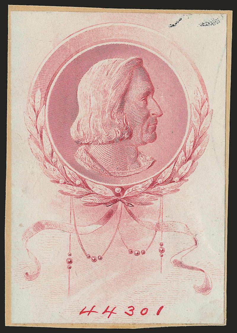 $5.00 Columbian, Vignette Essays on India (245-E).> Two, one in Black and one in Red, on 52 x 92 and 55 x 80mm cards respectively, one with printed die no. and imprint, other with ms. 44301 at bottom, few small
imperfections, Very Fine appearance,