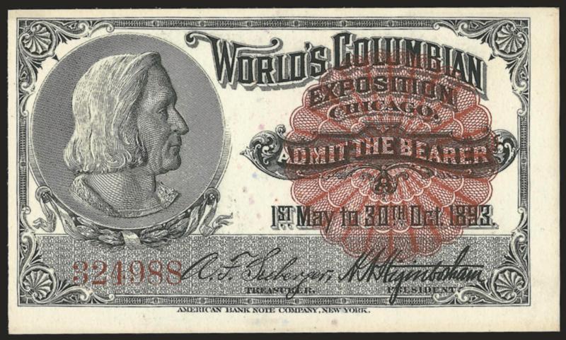 Columbian Exposition Tickets.> Six different tickets to the Worlds Columbian Exposition, each different color, fresh and Very Fine