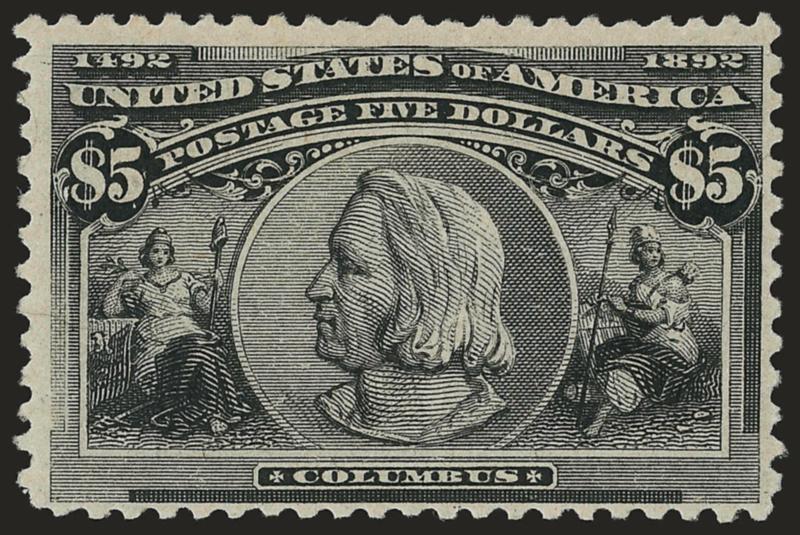 $5.00 Columbian (245).> Original gum, lightly hinged, intense shade and impression, slight paper irregularity at bottom, appears Fine, small backstamp, with 2004 P.S.E. certificate