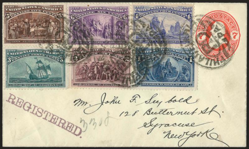 1c-6c Columbian (230-235).> Rich colors, tied by Philadelphia Pa. oval registry cancels on <7c Vermilion on amber entire (U88)> to Syracuse N.Y., purple Registered handstamp at bottom left, red Philadelphia Pa.
Jul. 17, 1894 Registered boxed ba