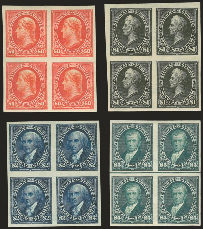 1c-$5.00 1895 Issue, Imperforate (264a-278a).> Complete set of 1895 Imperforates in blocks of four ($1.00 Type I only, as it exists), original gum, h.r., large margins all around, bright colors, a few tiny and
trivial thin specks affecting one or two