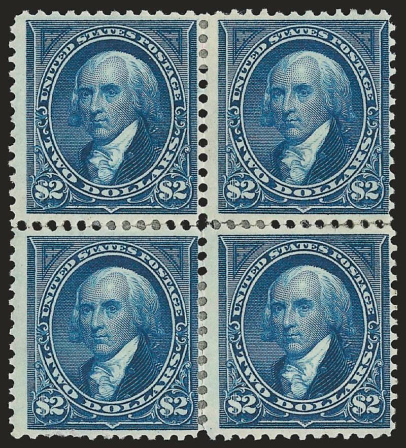$2.00 Bright Blue (277).> Block of four, original gum, h.r., deep rich color, approaching the Dark Blue shade, rejoined horizontal and bottom vertical margins, bottom left stamp small scrapes, still appears
Fine, scarce block, with 2004 P.S.E. certif