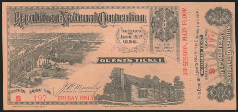 $2.00 Trans-Mississippi Collateral.> Republican National Convention in St. Louis guest ticket for June 16, 1896, with illustration of Mississippi River Bridge in St. Louis, with stub at right intact, fresh and
Very Fine, dated almost exactly two year
