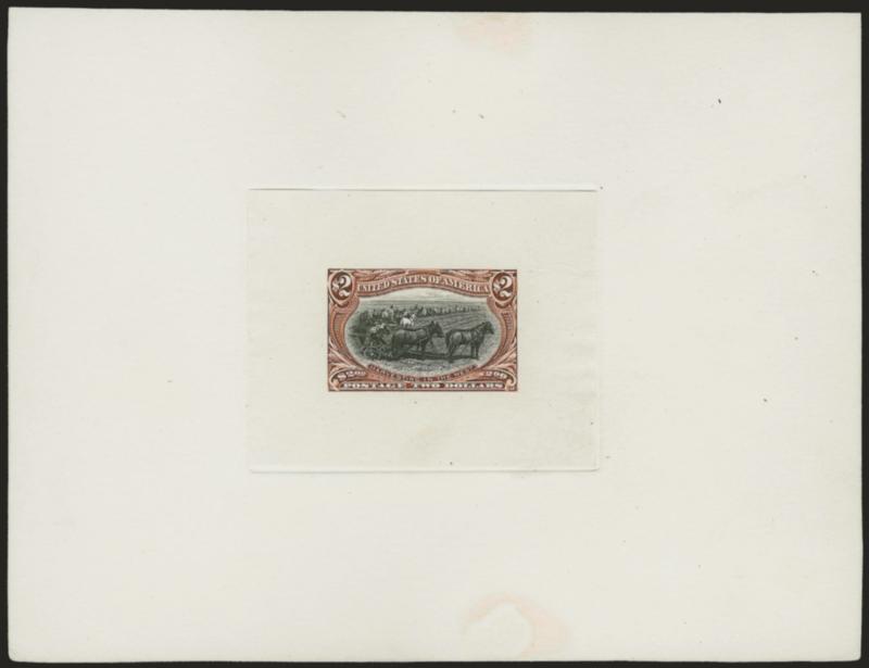 1c-$2.00 Trans-Mississippi, Bi-Color Essays on India (285E-293E).> Die sunk on approximately 152 x 118mm cards with full die sinkage, deep rich colors, 2c tiny toned speck at top<><>^EXTREMELY FINE. A REMARKABLY
PRISTINE SET OF THE TRANS-MISSISSIPP