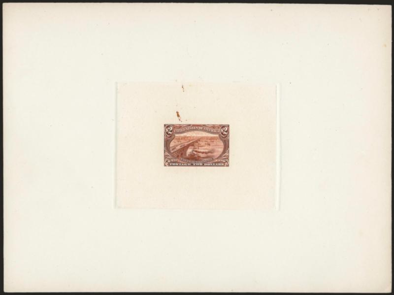 1c-$2.00 Trans-Mississippi, Large Die Proofs on India (285P1-293P1).> Die sunk on approximately 203 x 152mm cards with full die sinkage, bright colors, 2c thru $1.00 small tears at left edge of card, $2.00 small
toned spots clear of design<><>^VERY
