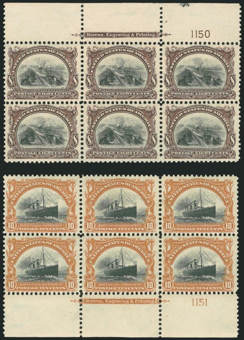 1c-10c Pan-American (294-299).> Complete set of imprint and plate no. blocks of six, 8c top, others bottom, the 1c, 2c and 8c Mint N.H., others lightly hinged, selected by the owner for their deep rich colors
and choice centering, 5c with few expertl