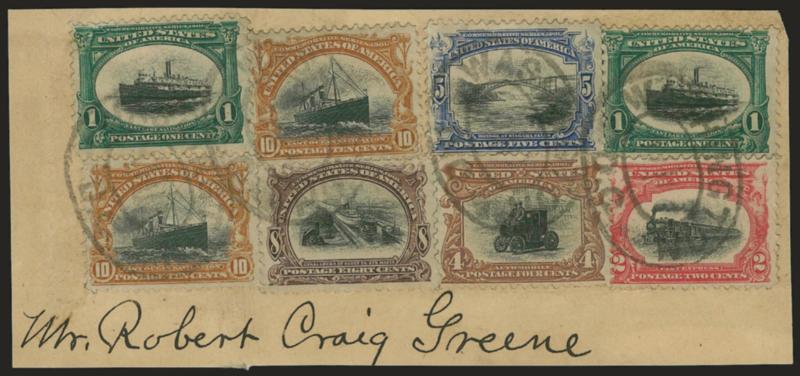 1c-10c Pan-American (294-299).> Incl. two 1c and two 10c, tied on piece by Washington D.C. ovals, rich colors, one 1c small faults at top, otherwise Very Fine