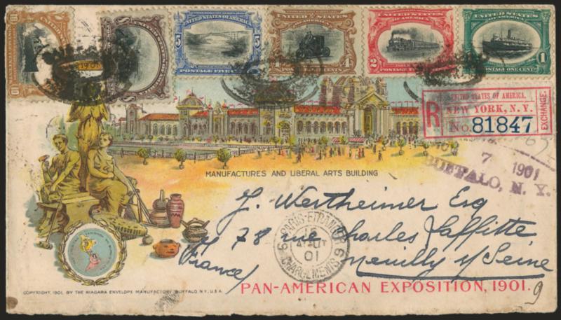 1c-10c Pan-American (294-299).> Tied by bold strikes of Buffalo N.Y. registry ovals on <multicolored Manufacturers and Liberal Arts Building illustrated> cover <to France,> New York Foreign 9-9-01 backstamp, New
York registry label, French trans