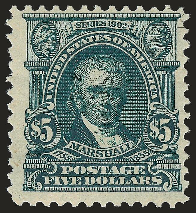 $5.00 Dark Green (313).> Intense shade and impression, trivial natural perf disc indent at bottom, Fine, with 2004 P.S.E. certificate