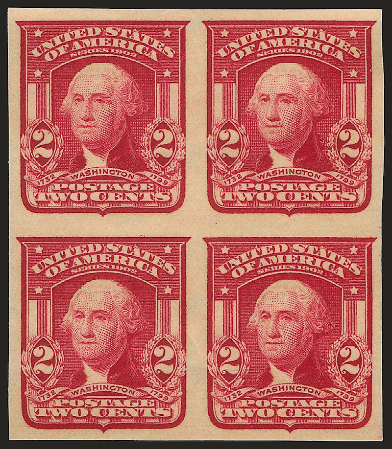 1c-2c 1906 Issue, Imperforate (314, 320, 320a).> Blocks of four, Nos. 314 and 320a Mint N.H., No. 320 bottom stamps Mint N.H., large margins, rich colors, No. 320 with scissors-cut at top between stamps,
otherwise Very Fine