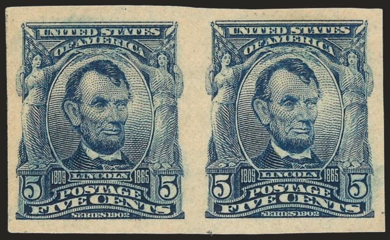 5c Blue, Imperforate (315).> Pair, right stamp described on accompanying certificate as large part original gum which we feel is unduly harsh, left stamp barely hinged, large margins, Very Fine, with 2005 P.F.
certificate