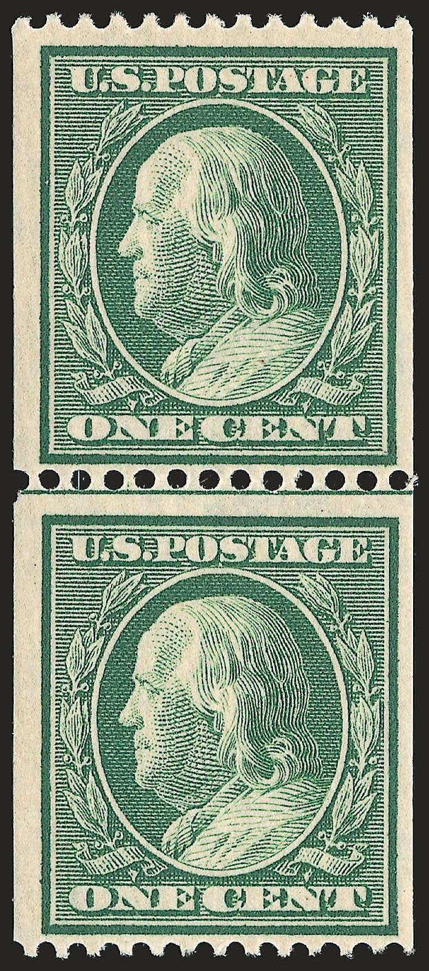 1c Green, Coil (385).> Mint N.H. guide line pair, rich color, fresh and Very Fine, with 1993 P.F. certificate