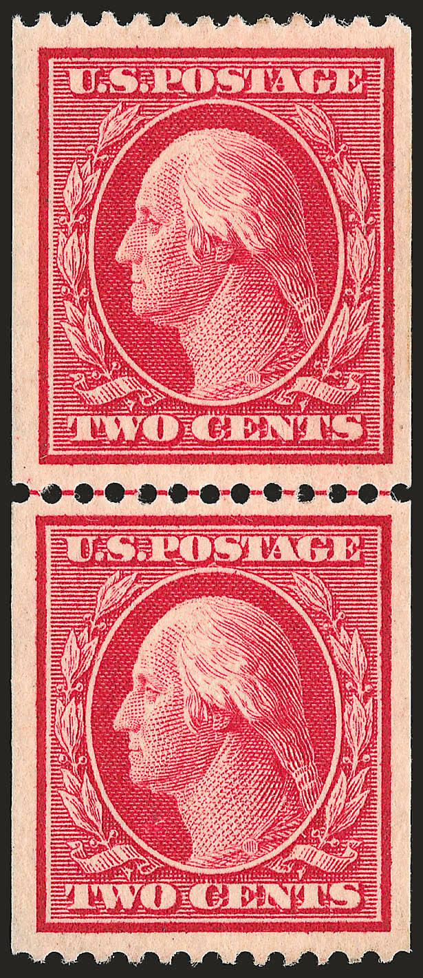 2c Carmine, Coil (386).> Guide line pair, lightly hinged, brilliant color, well-proportioned margins, Extremely Fine, with 2005 P.S.E. certificate