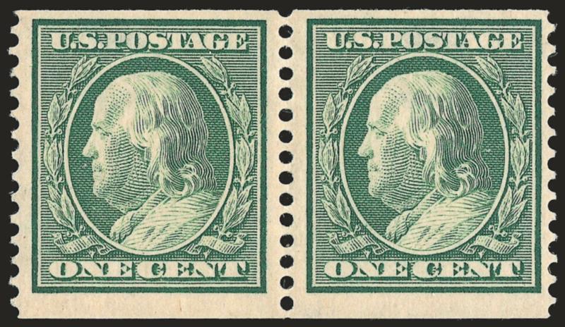1c Green, Coil (387).> Pair with 3mm spacing, lightly hinged, unusually wide margins, Very Fine, with 2004 P.F. certificate