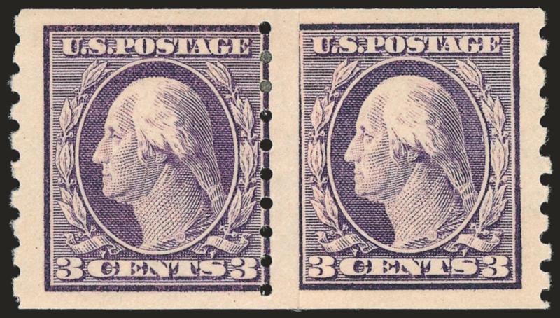 1c-5c 1910-13 Issue Coils (390-396).> Pairs, brilliant colors, few small flaws incl. 4c and 5c small thin spots, appear Fine-Very Fine, five with 2005 P.F. or P.S.E. certificates