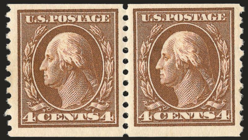4c Brown, Coil (446).> Pair, lightly hinged, bright shade, Very Fine and choice, with 2002 P.F. certificate