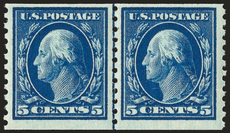 5c Blue, Coil (447).> Mint N.H. guide line pair, intense shade, fresh and Very Fine, with 2005 P.F. certificate