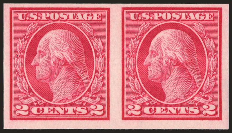 2c Carmine, Ty. I, Imperforate Coil (459).> Mint N.H. pair, brilliant color, large margins, Very Fine and choice, with 2004 P.F. certificate
