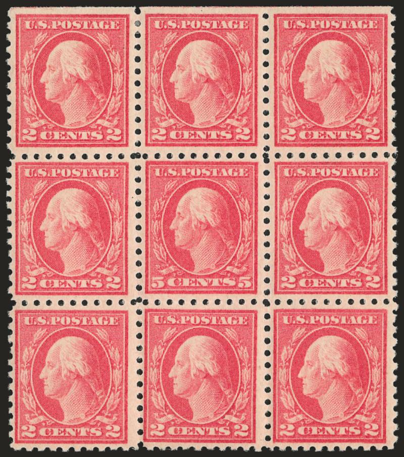 5c Carmine, Error (467).> Single error in block of nine, natural s.e. at top, lightly hinged, brilliant color, bottom center 2c tiny thin spot, appears Very Fine, with 2005 P.F. certificate
