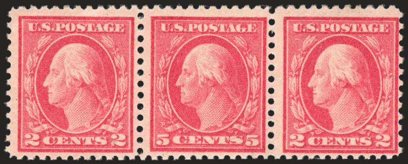 5c Rose, Error (505).> Single error in strip of three, error barely hinged, brilliant color, fresh and Fine, , with 2005 P.F. certificate, Scott Retail as error only