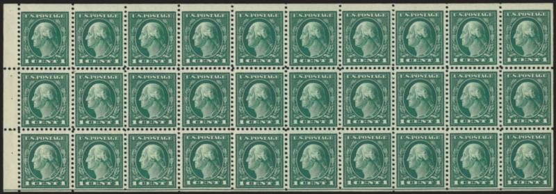 1c Green, A.E.F. Booklet Pane (498f).> Mint N.H., deep rich color, three stamps with trivial red adherences, Very Fine, with 1997 A.P.S. certificate