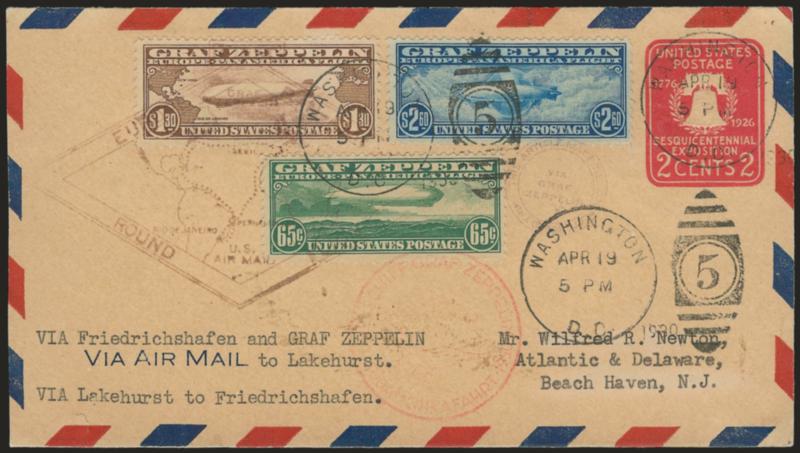 65c-$2.60 Graf Zeppelin (C13-C15).> Rich colors and choice centering, tied by <Washington D.C. Apr. 19 5PM 1930> duplex cancels on flown 2c entire (U522a) to Beach Haven N.J., usual cachets also incl. the scarce
small arrival handstamp, Friedrichsc