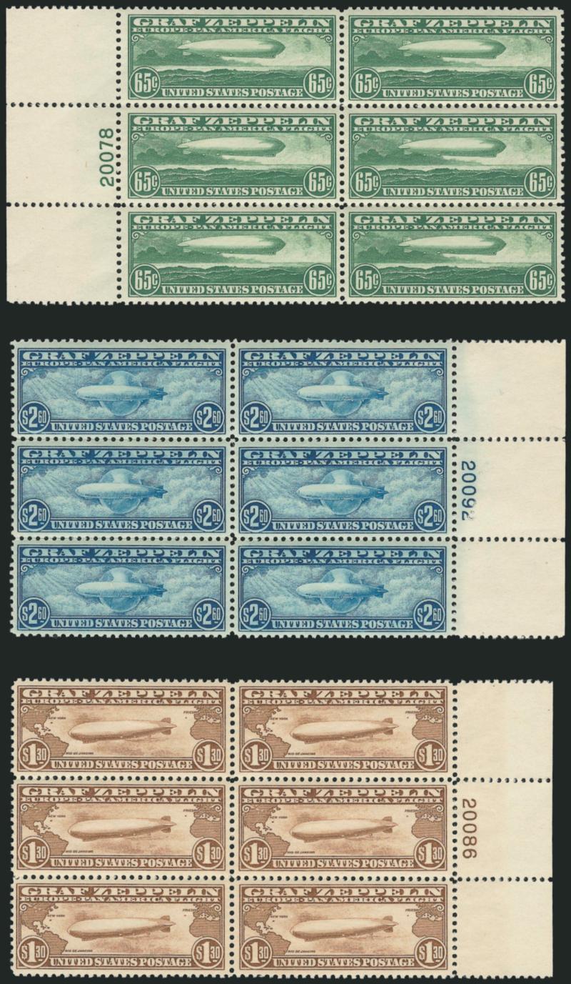 65c-$2.60 Graf Zeppelin (C13-C15).> Mint N.H. plate no. blocks of six, 65c left selvage, $1.30 and $2.60 right selvage, brilliant colors, unusually choice centering<><>^EXTREMELY FINE GEMS. A SUPERB SET OF MINT
NEVER-HINGED PLATE BLOCKS OF THE 1930