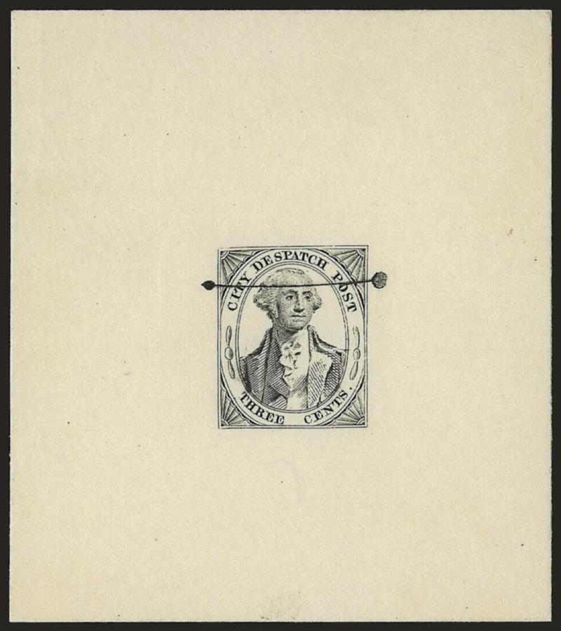 (Greig) City Despatch Post, New York N.Y., 3c Black, Defaced Die Proof on Card (40L1R).> 67 x 76mm, small thin spot at top from hinge removal, appears Very Fine, accompanied by American Mining Co. share
certificate with same deign in full-length port
