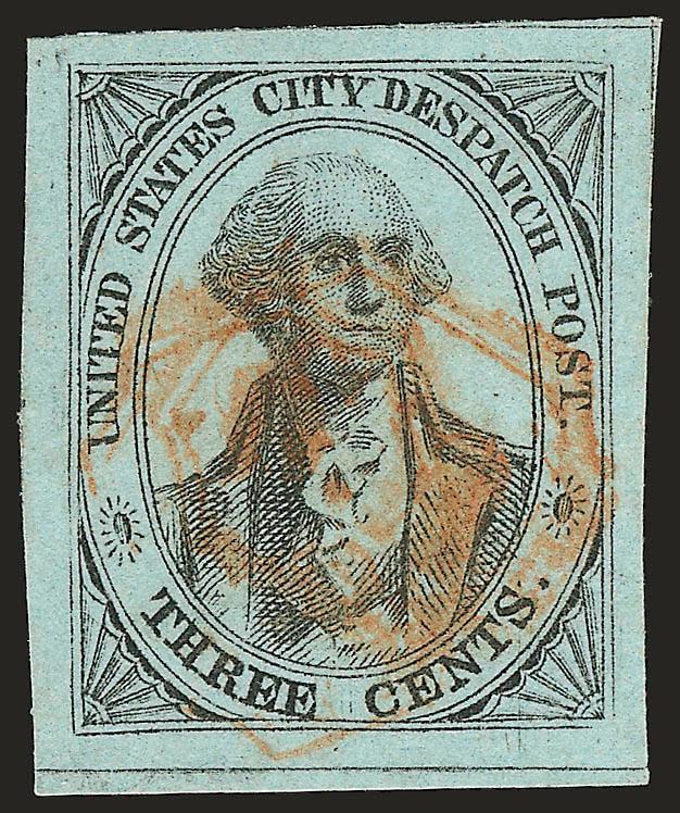 U.S. City Despatch Post, New York N.Y., 3c Black on Light Blue Unsurfaced (6LB3).> Large even margins, deep rich color nicely compemented by red U.S. in octagon handstamp, Very Fine and choice, with 1993 P.F.
certificate