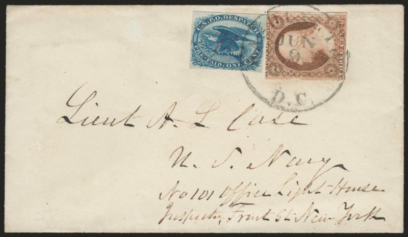 1c Blue, Eagle Carrier (LO2).> Clear margins to touched, magenta <H initial> of carrier Thomas F. Harkness, used with 3c Dull Red (11), ample margins to in at top, <both stamps tied> by Washington D.C. Jun. 9,
1855 circular datestamp on neat cove
