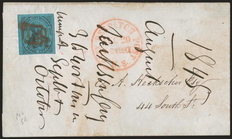U.S. City Despatch Post, New York N.Y., 3c Black on Blue Glazed (6LB5b).> Large even margins, cancelled by red U.S. in octagon, matching U.S. City Despatch Post, Aug. 20 circular datestamp on 1845 folded letter
to local address, prominent docketi