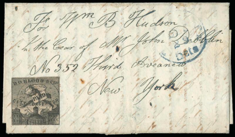 D. O. Blood & Co., Philadelphia Pa., (2c) Black (15L6).> Cut close all around, light but legible strike of loods Despatch 2 Cts.> double-circle handstamp, not tied and apparently applied to stamp prior to use,
used on 1847 folded letter to New Y