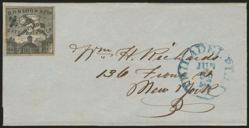 D. O. Blood & Co., Philadelphia Pa., (2c) Black (15L6).> Large margins to full, intense shade, small ms. cross at left, affixed to folded cover to New York, blue Philadelphia 5 Jun. 30 integral-rate circular
datestamp, stamp with some light toning