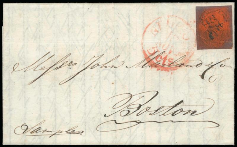 (Coles) Post Office City Despatch, New York N.Y., 2c Black on Vermilion Glazed, CC at Sides (40L6).> Position 32, large margins, oxidized and slightly creased, cancelled by four-bar rectangular grid, red
New-York 5 cts. 18 Nov. integral-rate cir
