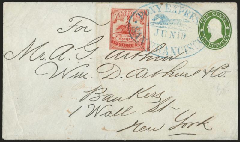 Wells, Fargo & Co. Pony Express, $2.00 Red (143L1).> Large to huge margins incl. part of adjoining stamp at right, tied by blue <Pony Express San Francisco Jun. 19 Running Pony> oval datestamp on 10c Green Star
Die entire to New York City, approxim