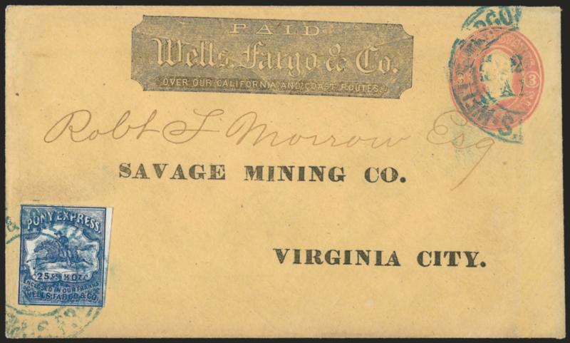 Wells, Fargo & Co. Pony Express, 25c Blue (143L8).> Large margins to just in, tied by blue Wells, Fargo & Co.s Express, S.Frco. Apr. 24 double-circle datestamp on 3c Pink entire (U35) with printed address to the
Savage Mining Co. in Virginia City<