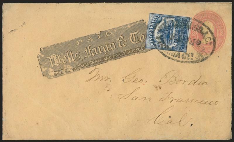 Wells, Fargo & Co. Pony Express, 25c Blue (143L8).> Large margins to barely touched, tied by Wells, Fargo & Co., Virginia City N.T., Feb. 12 oval handstamp on 3c Pink entire (U35) to San Francisco Cal., some
slight overall soiling<><>^VERY FINE AP