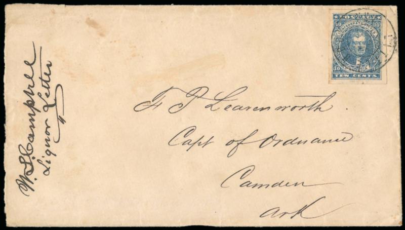 10c Dark Blue, Hoyer & Ludwig (2b).> Large margins all around, tied by <Little Rock Ark.> double-circle datestamp (date unclear) on cover to Camden Ark., Sep. 1862 enclosure is an order for whiskey for <C.S.A.
Ponchartrain> with suggestion that box