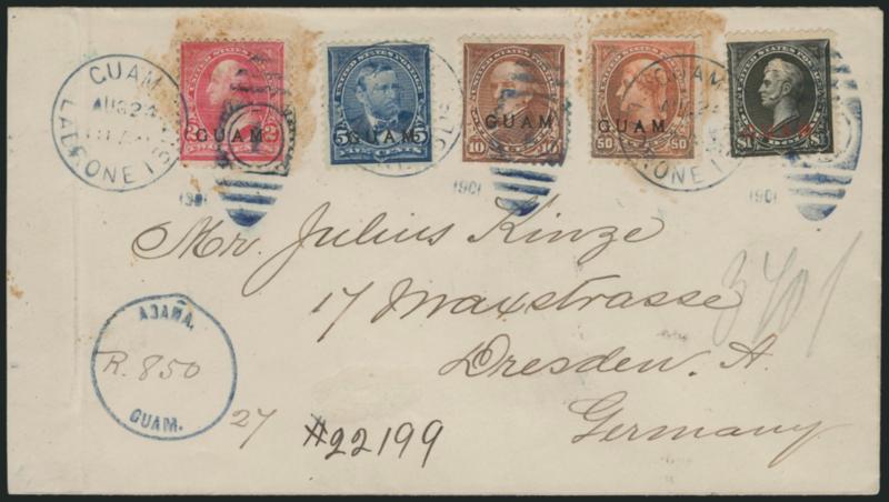 GUAM, 1899, 2c-$1.00 Overprints (2, 5, 8, 11, 12).> Tied by blue Guam Ladrone Isls. Aug. 24, 1901 duplex cancels on registered cover <to Germany,> blue Agana Guam dateless handstamp with ms. registry no.,
transit and receiving backstamps, some to
