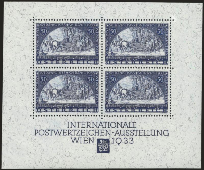 AUSTRIA, 1933, 50g WIPA Souvenir Sheet, Granite Paper (B111).> Lightly hinged, beautifully centered, Extremely Fine, with original folder