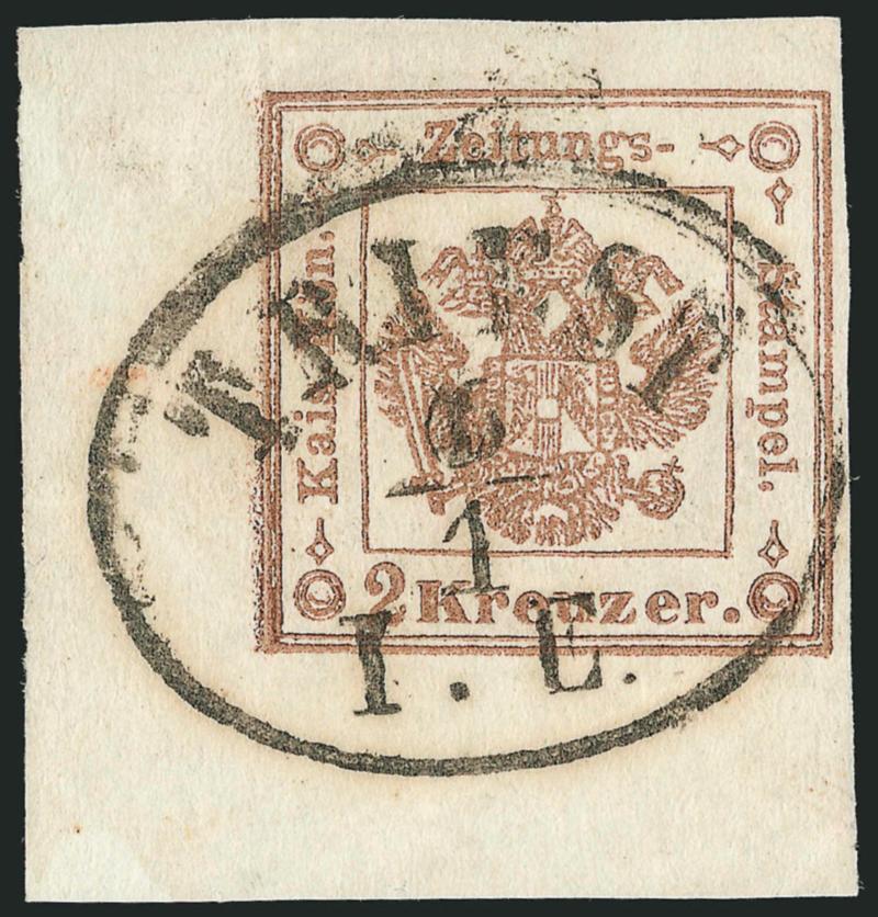 AUSTRIA, 1859, 2kr Brown, Ty. II, Newspaper Tax (PR3).> Bottom left corner sheet margin, large to huge margins other sides, well-struck Triest 61 I.L. oval hs, Extremely Fine Gem, a superb stamp, signed twice
incl. once by Muller and A. Diena