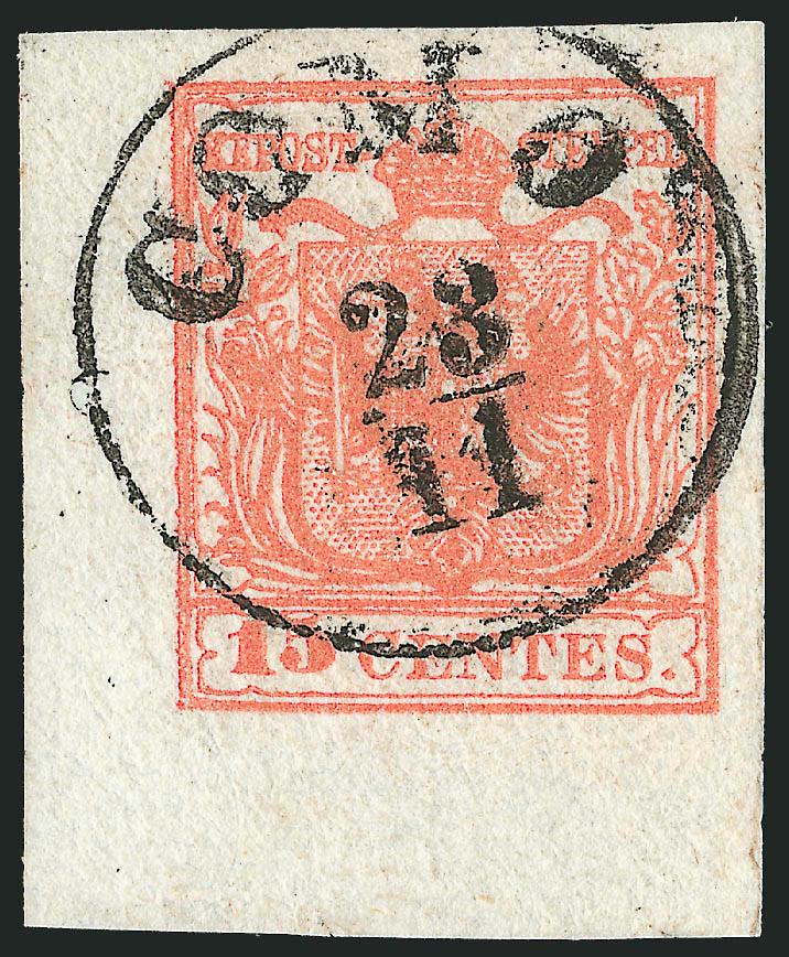 AUSTRIA, Lombardy-Venetia, 1850, 15c Red, Ty. II, Ribbed Paper (4c).> Huge margins all around incl. <bottom left corner sheet margin,> rich color, bold Como 2311 circular datestamp, Extremely Fine Gem, a
beautiful stamp, signed E. Diena, Ferchenba