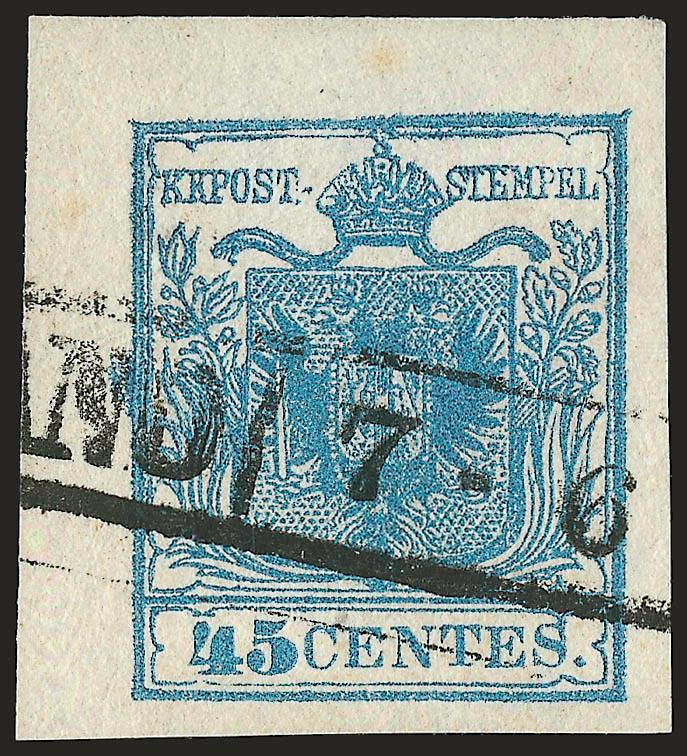 AUSTRIA, Lombardy-Venetia, 1850, 45c Blue, Ty. I (6a).> Five used singles, each with either sheet margin (3) or corner margin (2), each also has neat boxed Milano cancel, four are on small piece, Very
Fine-Extremely Fine group, three are ex Windner