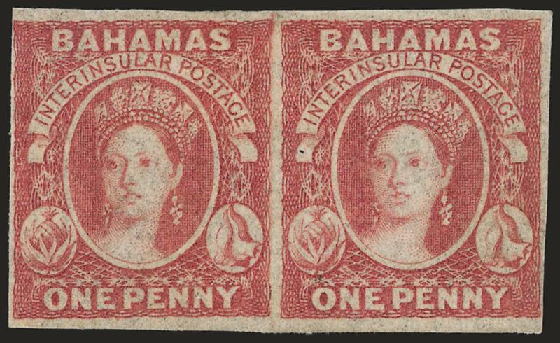 BAHAMAS, 1859, 1p Brownish Lake (1b SG 1).> Horizontal pair, original gum, margins virtually all around, excellent color<><>^FINE-VERY FINE. A RARE ORIGINAL-GUM HORIZONTAL PAIR OF THE 1859 BAHAMAS ONE-PENCE
BROWNISH LAKE.^<><>With 1986 R.P.S. ce