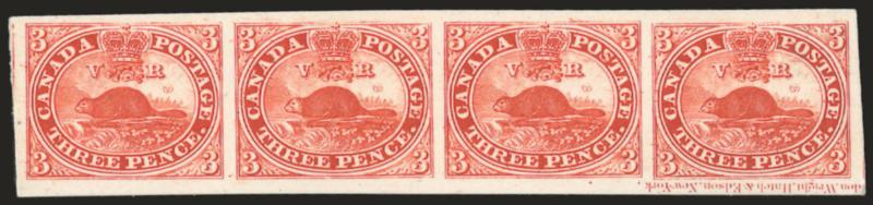 1851-64, 3p Red, Plate Proof (1P).> Horizontal strip of four, huge margins incl. <part imprint (inverted) beneath right proof,> Extremely Fine, Unitrade value