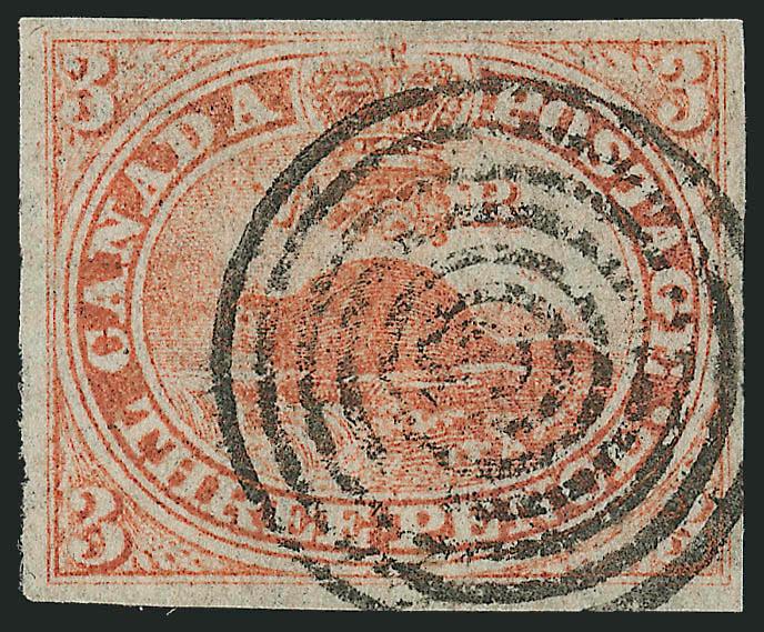 1851, 3p Red, Laid (1).> Large and even margins all around, neat 7-ring target cancel, Very Fine